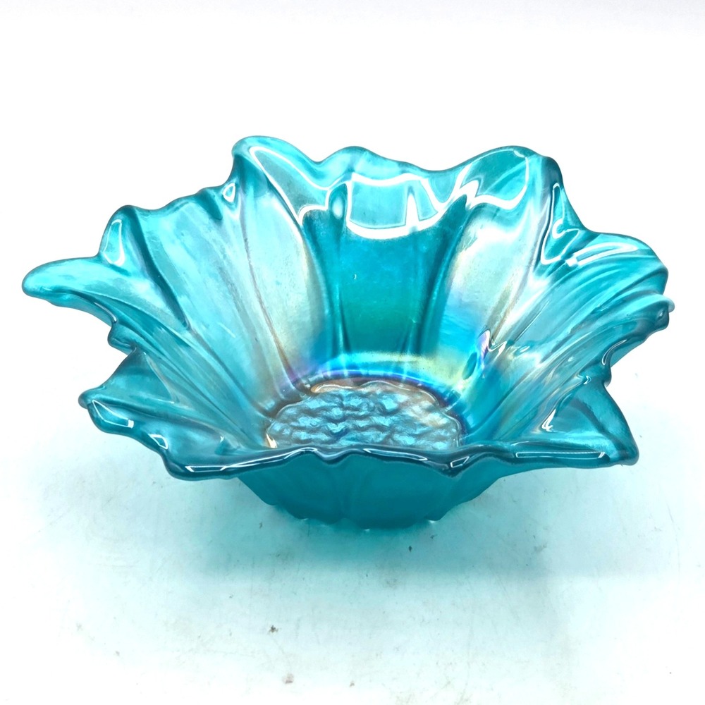 Akcam Blue Iridescent Turkish Floral Art Glass‎ Bowl Cottage Core